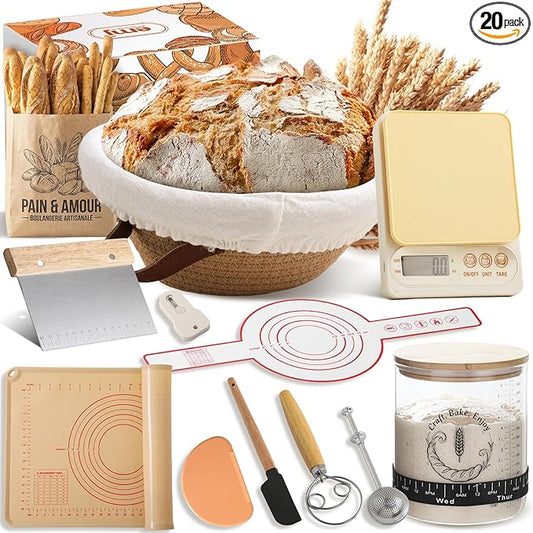 Emojoy Sourdough Starter Kit, Sourdough Bread Baking Supplies with 9" Round Bread Proofing Basket, Large Capacity Sourdough Starter Jar, Food-Grade Silicone Pastry Mat, Kitchen Scale