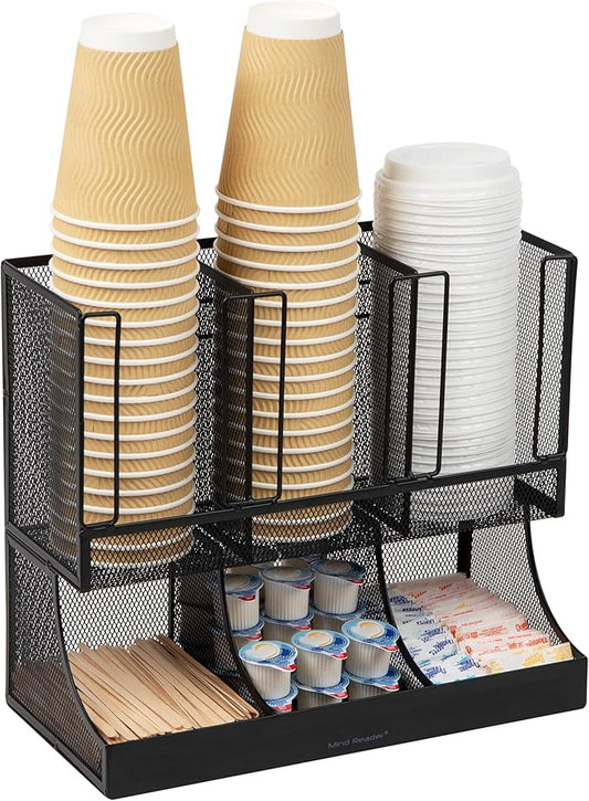Mind Reader Multipurpose Countertop Organizer, Office Breakrooms, Cup and Condiment Station, Metal Mesh, Black