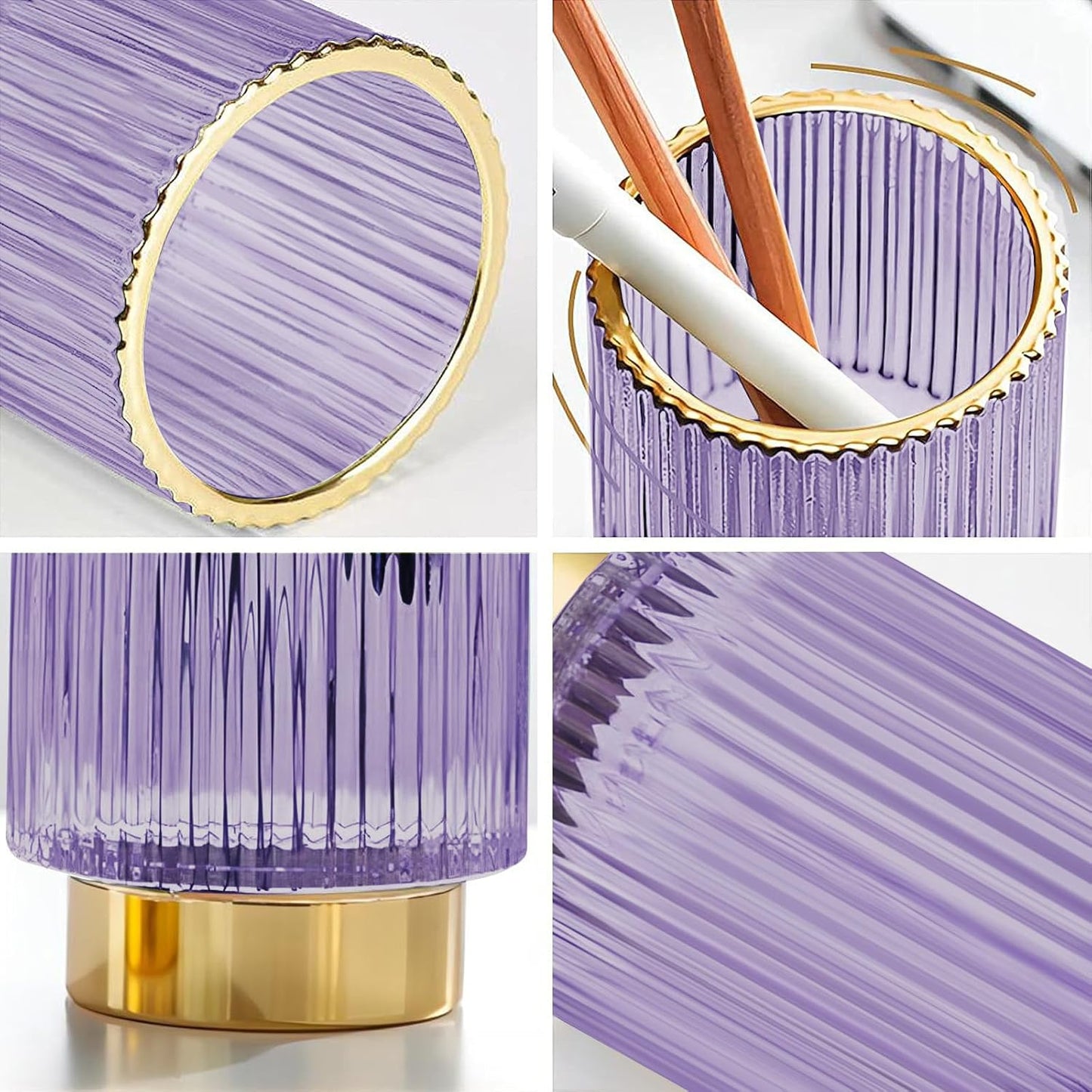 DASITON Makeup Brush holder Organizer,Crystal Cosmetic Makeup Brush Glass Brushes Storage Holder, Vintage Make Up Brush Cup Pen Pencil Holder striped vase(Purple L)