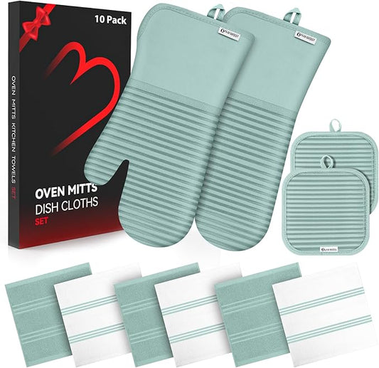 Oven Mitts and Pot Holder Sets with Silicone Grip, 500°F Heat Resistant-6 Pack Dishcloth/Dish Towels for Kitchen 100% Cotton-Value Kitchen Essentials for Cooking, Baking, Grilling-Mint Green