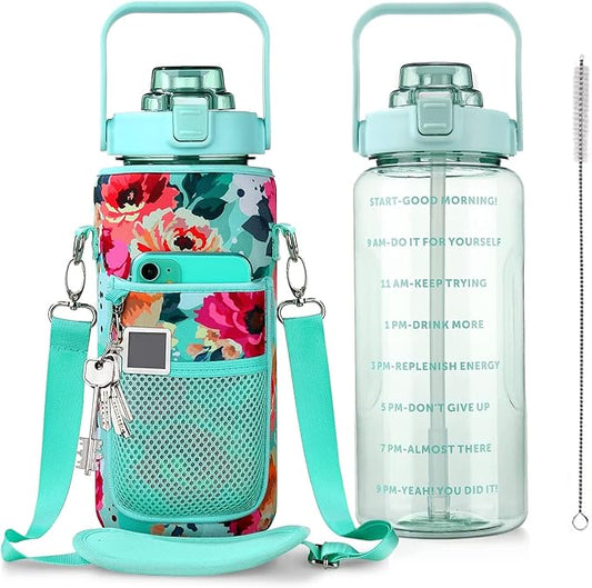 Half Gallon Water Bottle with Sleeve, 64OZ Motivational Water Bottle with Straw & Time Marker, BPA Free Leakproof Large Sports Water Bottle, Reusable Water Jug for Workout Gym Sport