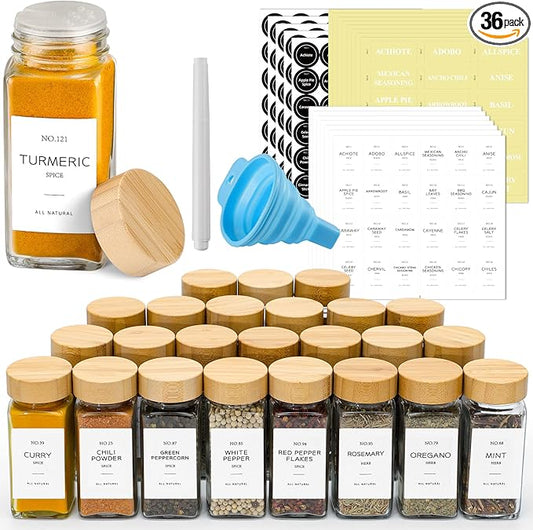 NETANY 36 Pcs Glass Spice Jars with Bamboo Lids, 4 oz Glass Jars with Minimalist Farmhouse Spice Labels Stickers, Collapsible Funnel, Seasoning Storage Bottles for Spice Rack, Cabinet, Drawer