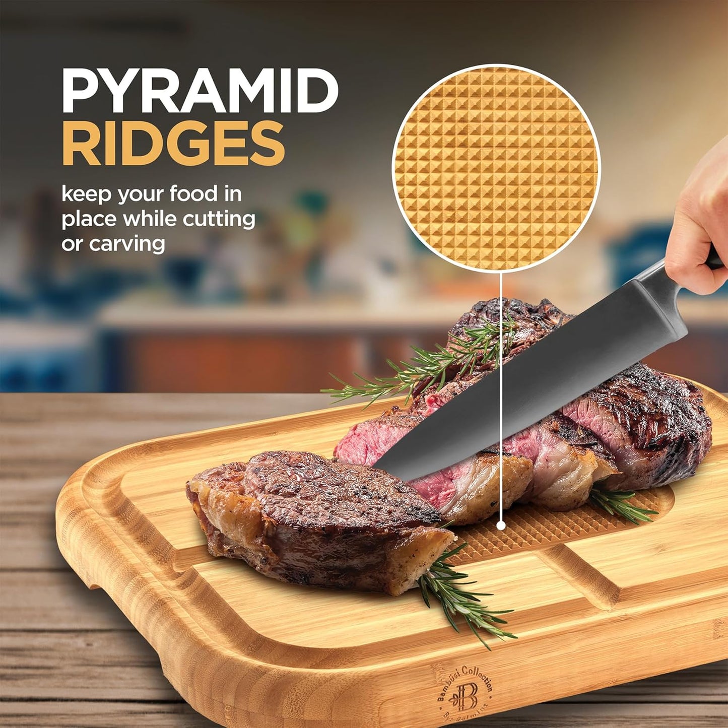 Meat Cutting Board for BBQ & Grilling - Spikes to Stabilize Meat & Juice Groove - Heavy Duty Bamboo Carving Board with Reversible Steak Tray - Great Gift