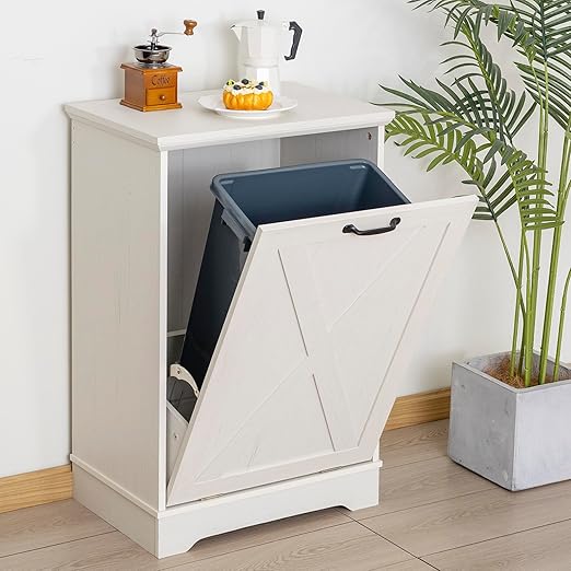 13 Gallons Tilt Out Trash Can Cabinet, Wooden Trash Can Cabinet Tilt Out Pet Proof Hidden Garbage Cabinet for Kitchen, Antique White