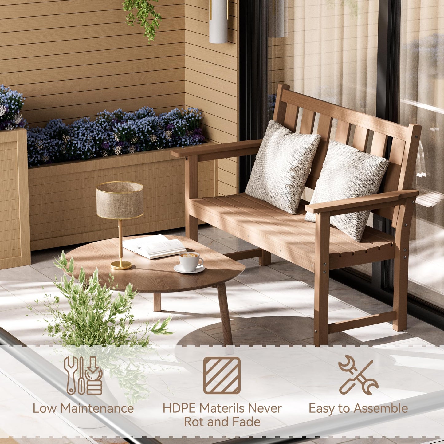ACUEL HDPE Memorial Bench – 50'' Weatherproof Durable Outdoor Bench, 2-Person Park Bench, Easy to Move, Multi-Purpose Design Ideal for Porch, Patio, Church, and School (Brown)