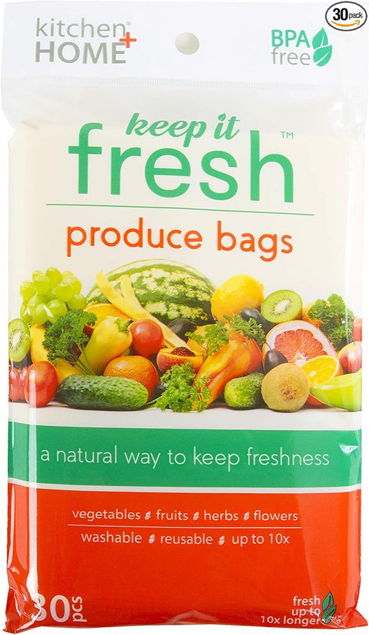 Keep it Fresh Produce Bags - 30 Reusable BPA Free Freshness Produce Bags & Twist Ties - Keeps Fruits, Veggies, and Flowers Fresher Longer
