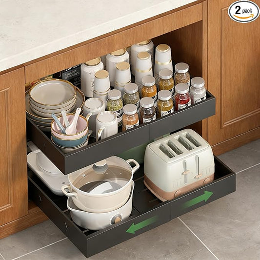 2-Pack-Expandable-Pull-Out-Cabinet-Organizers For Kitchen, Adjustable Slide Out No Drill Adhesive Drawers With Raising Pad For Framed Cabinet, Heavy Duty Sliding Roll Out Shelves Inside Cabinet