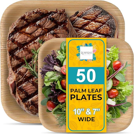 100% Natural 10" & 7" Palm Leaf Square Plate (50-pack), Compostable & Biodegradable Dinnerware for Catering, Birthdays, Halloween, BBQs, Thanksgiving, Alternative to Paper & Bamboo Plates Disposable