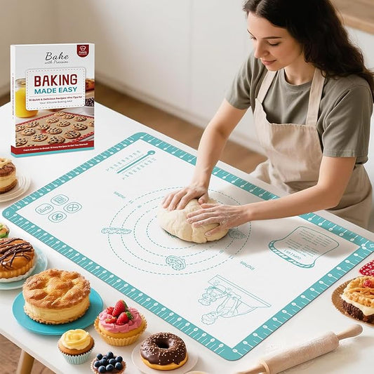 Silicone Baking Mat with 10 Useful Recipes, Non Stick Pastry Mat for Dough Rolling, Macaron Baking Sheet for Cookie, Pizza, Bread, Fondant Mat, Silicone Sheet for Dough Rolling out