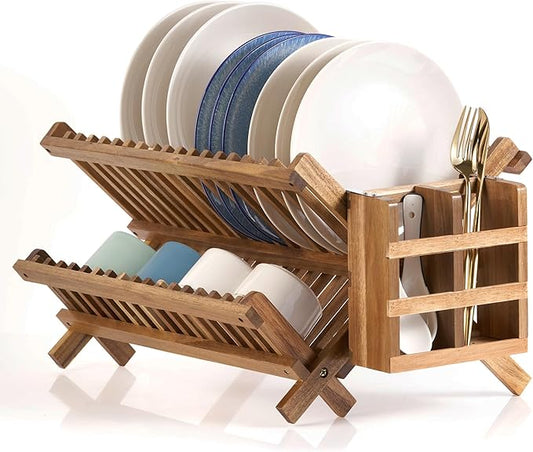 NOVAYEAH Acacia Wooden Dish Drying Rack for Kitchen Counter 2-Tier Collapsible Bmaboo Dish Drying Rack with Utensil Holder-Large Folding Dish Drainer Rack with Flatware Holder 34 pcs Grid