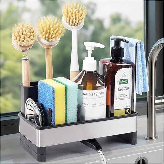 Kitchen Sink Caddy Organizer, Stainless Steel Sponge Holder, Kitchen Caddy Sink Organizer with Dish Brush Holder and Dishcloth Rack, Rustproof Dish Sponge Drying Rack for Countertop Storage