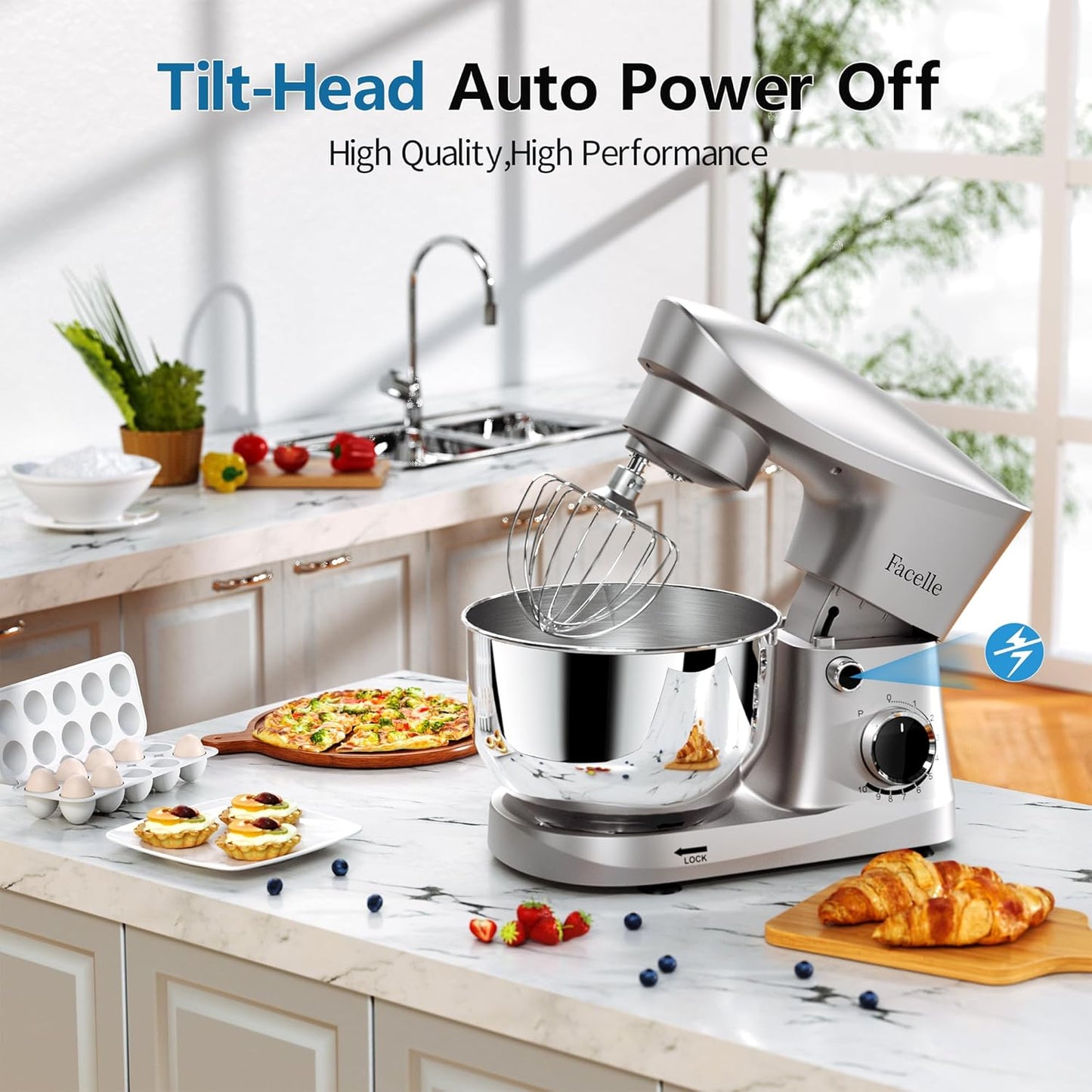 Facelle Stand Mixer, 10-Speed 6QT Kitchen Electric Mixer, Tilt-Head Food Mixer with Beater, Dough Hook, Wire Whip and Egg Separator, scraper for Most Home Cooks - Silver