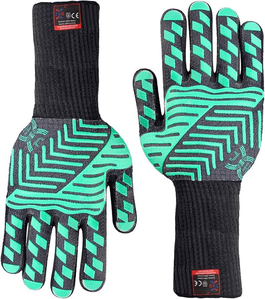 J H Heat Resistant Oven Glove:EN407 Certified 932 °F, 2 Layers Silicone Coating, Oven Mitts for Cooking, Kitchen, Fireplace,Camping, Grilling (Black/Green, Extra Long Cuff)