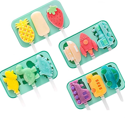 4 PCS Cute Silicone Ice Cube Mold Set For Toddlers and Kids, BPA-Free Food Grade Ice Tray, Homemade Frozen Popsicle Maker Mold (4 PCS（fruit*1+dinosaur*1+airplane*1+car*1))