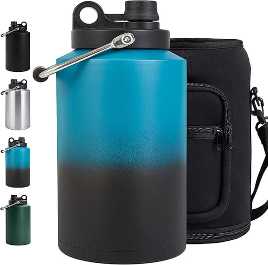 Insulated Gallon Jug with Handle, One Gallon, 128oz Stainless Steel, Large Double Vacuum Water Bottle for Cold Drinks, Wide Mouth, Sweat Proof, Carrier bag, Great for Travel, Camping, Blue Gradient