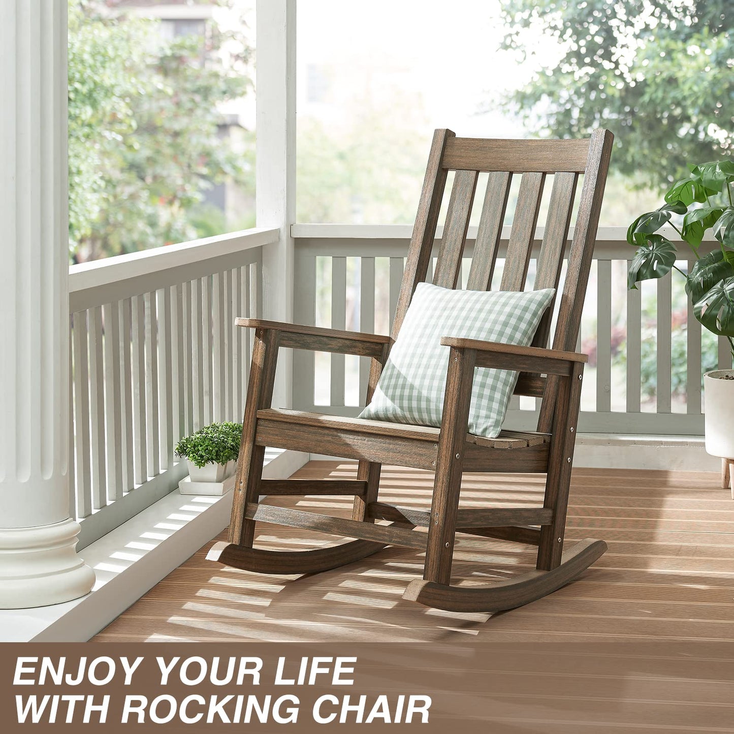ACUEL Outdoor Rocking Chair Set of 2, HDPE Oversized Patio Rocking Chairs, Weather Resistant, 350lbs Heavy Duty Porch Rocker with High Back for Backyard, Fire Pit, Garden and Indoor (Bright Brown)