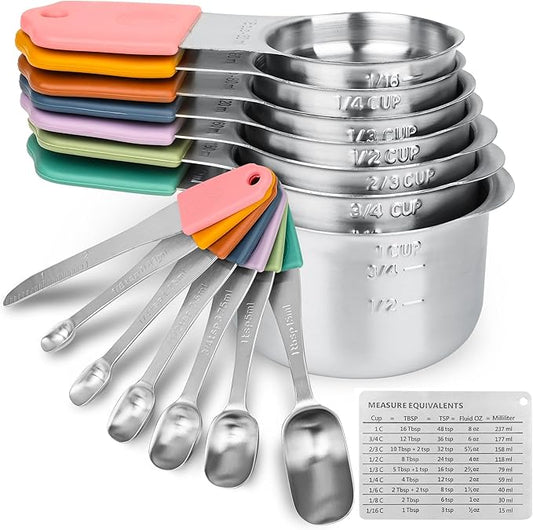 Smithcraft Magnetic Measuring Cups & Spoons Set 15, Stainless Steel Measuring Cups and Spoons Set, Color Heavy Duty Metal Measuring Cups&Spoons Set w/Leveler & Measure Equivalents for Cooking & Baking