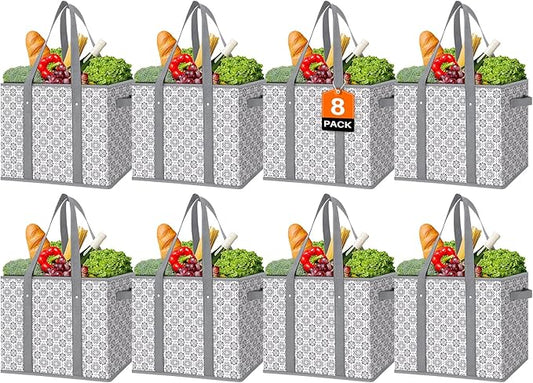 WISELIFE Reusable Grocery Bags 8 Pack,Large Grocery Tote Bag Water Resistant Shopping Bags Foldable Grocery Bag for Clothes,Shoes and Picnic,Grey