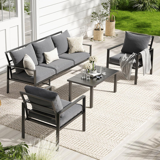 Soohow Patio Furniture Set,5 Pieces Outdoor Patio Furniture with Coffee Table Set,Metal Conversation Set with Waterproof Fabric & High-Resiliency Cushions(Grey)