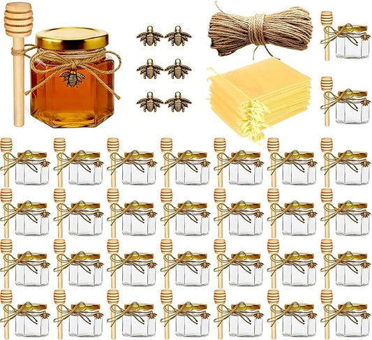 Adabocute Honey Pot, Mini Glass Honey Jars with Wood Dipper, Gold Lid, Bee Charms, Gold Organza Bags, Thank-you Tags, Ideal for Baby Showers Wedding Favors Party Favors, 2oz 30 Pack