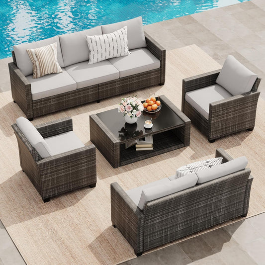 GAOMON 5 Piece Outdoor Patio Furniture Sets, Wicker Conversation Set for Porch Deck, Gray Rattan Sofa Chair with Blue Cushion, Brown