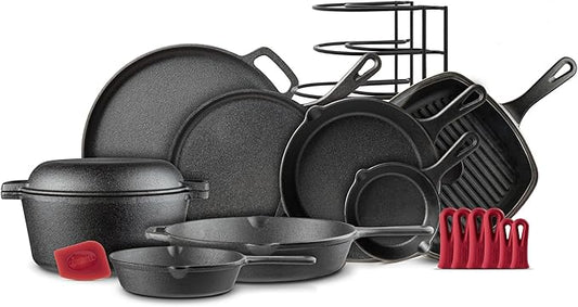Cast Iron Cookware 18-Piece Set - Pre-Seasoned 6" + 8" + 10" + 12" Skillet + Grill Pan+Lid + Griddle + Pizza Pan + Dutch Oven+Cover/Pan + Panrack + Silicone Handle Cover + Pan Scraper/Cleaner
