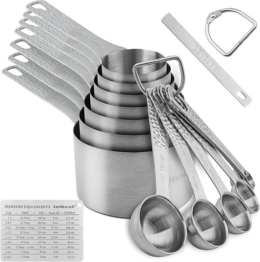 Measuring Cups and Spoons Set, 18/8 Stainless Steel Measuring Cups and Spoons Set of 16pcs, Metal Measuring Cup and Measuring Spoon Set With Leveler and Equivalents Dry 2/3 & 3/4 Cup Measuring Cup Set