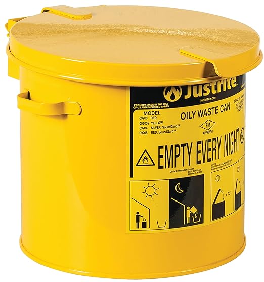 Justrite 2 Gallon Galvanized Steel Countertop Oily Waste Can, 9" x 9.6" Metal Oil Rag Safety Can with Hand Operated Self-Closing Lid for Oil Rag Disposal, Made in The USA, Yellow, 09200Y