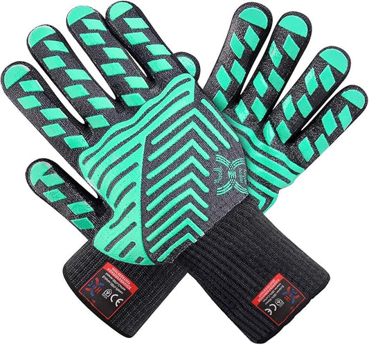 J H Heat Resistant Oven Glove:EN407 Certified 932 °F, 2 Layers Silicone Coating, Oven Mitts for Cooking, Kitchen, Fireplace,Camping, Grilling (Black/Green, Regular Cuff)