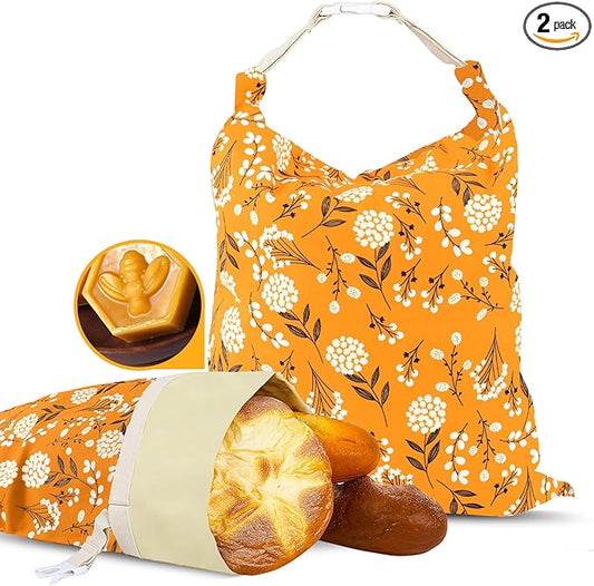 2 Pack Beeswax Bread Bags - 17x13 Inch Reusable Bread Storage Bags,Bees Wax Lined Bread Bags for Home Cooks fresh bread storage Easy Clean (Orange-White flowers)