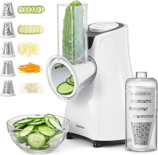 Electric Cheese Grater, Reemix 5 Multi Blade Cheese Shredder Salad Maker, One Touch Easy Control, Multi Salad Maker for Vegetables, Cheeses and Nuts, White