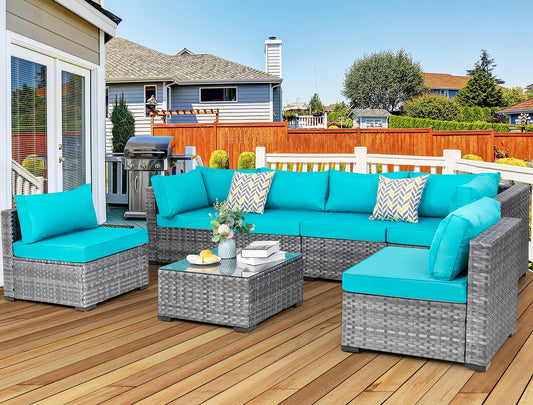 JAMFLY Wicker Patio Furniture 7 Pieces Conversation Sets, Outdoor Rattan Patio Sofa Porch Furniture Set with Washable Cushions and Glass Coffee Table (Light Blue)