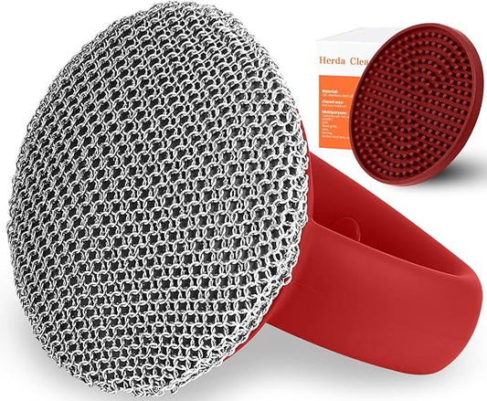 Cast Iron Cleaner Scrubber+Tray with Handle, Welded Chainmail Scrubber for Pan Pot Oven Wok Cleaning- Small Ring Chain Scrub Metal Brush Iron Skillet Steel Wool Scrubber Steel Sponge