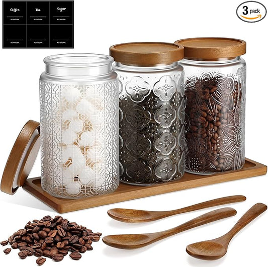 3 Pack 34 oz Glass Coffee Container with Wooden Tray Lid Spoon Labels Clear Airtight Glass Jar Food Storage Kitchen Canisters Set Decorative Coffee Bar Containers for Sugar Candy Tea Flour