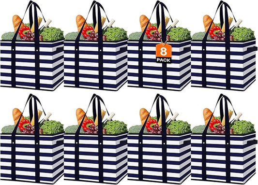 WISELIFE Reusable Grocery Bags 8 Pack,Large Grocery Tote Bag Water Resistant Shopping Bags Foldable Grocery Bag for Clothes,Shoes and Picnic,Black