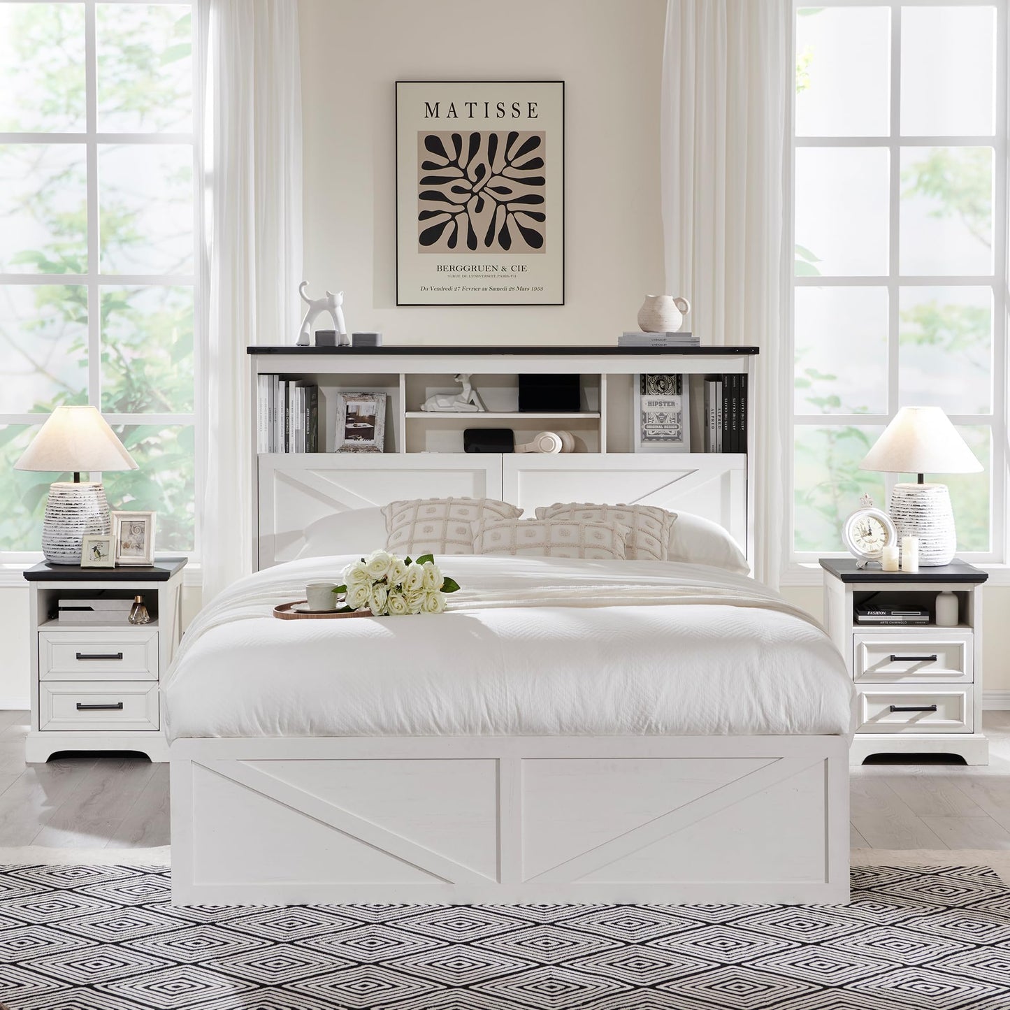 ACCOHOHO Queen Bed Frame Farmhouse with 52" Storage Bookcase Headboard, 4 Drawers Wooden Bed Frame, LED Light, Charging Station - White