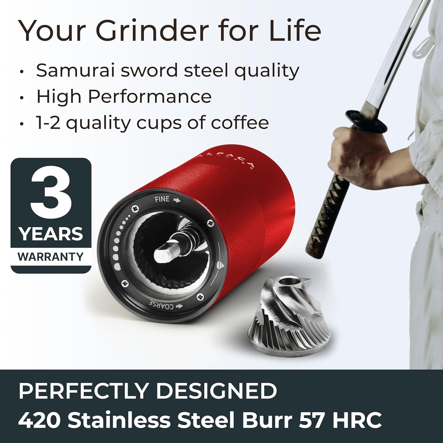 Manual Coffee Grinder by Alpaca Ventures - Stainless Steel Conical Burr Coffee Grinder Manual with Adjustable Setting Double Bearing Hand Espresso Grinder Perfect for Home, Office and Camping