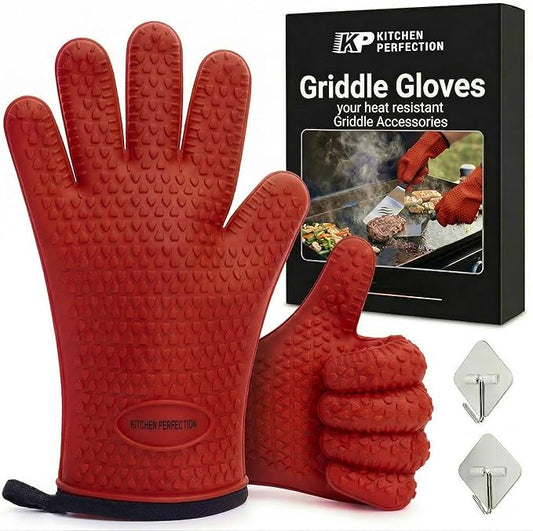 KITCHEN PERFECTION Silicone Oven & Griddle Gloves -Extreme Heat Resistant BBQ & Grilling Gloves -Handle Hot Food Right on Your Griddle |Waterproof Oven Mitts Grill Gloves |Superior Set+3 Bonuses