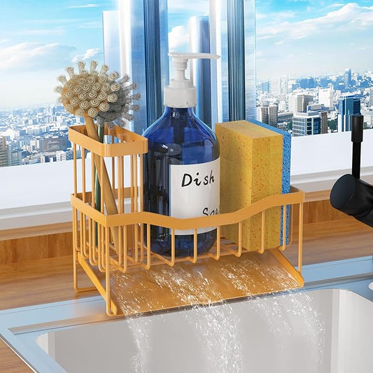 Maifan Sink Caddy Sponge Holder for Kitchen with Brush Holder and Stainless Steel Self Drain Tray, Rustproof Kitchen Sink Organizer for Sponge, Soap Dispenser Storage Accessories