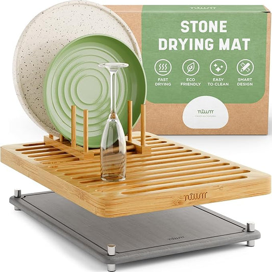 NIUM Stone Drying Mat for Kitchen Counter & Bamboo Rack - 16″x12″ - Diatomaceous Earth Dish drying mat Ultra Absorbent & Fast Drying - EcoFriendly with Non-Slip Pads & Anti-Moisture Design