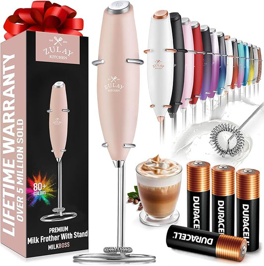 Zulay Kitchen Powerful Milk Frother Wand With 4 AA Duracell Batteries - Ultra Fast Handheld Drink Mixer - Electric Whisk Foam Maker for Coffee, Lattes, Cappuccino, Matcha & Creamer - Pink Salt