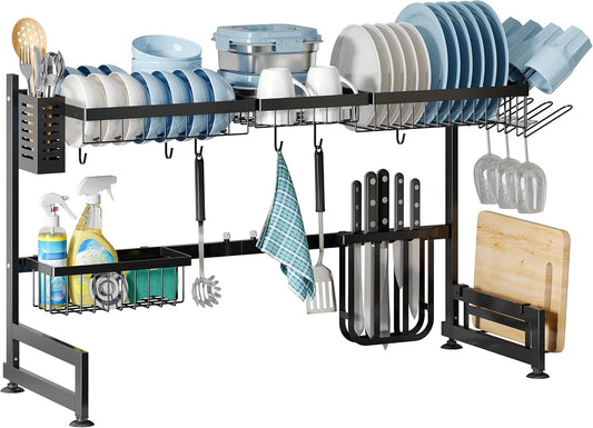 2 Tier Extra Large Stainless Steel Expandable Over The Sink Dish Drainer Drying Rack, Rust Proof Metal, Space Saving, Modern Black Big Capacity Extendable Plate Strainers Above Kitchen Counter