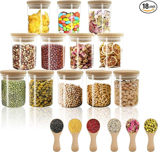 VIKEYHOME 18 pcs Glass jars Set, 12 set - 6oz Spice Jars Set with Bamboo Lids, 6 pcs Small Condiments Wooden Spoons, Airtight Glass Food Cereal Storage Containers for Kitchen (Set of 18, 6oz)