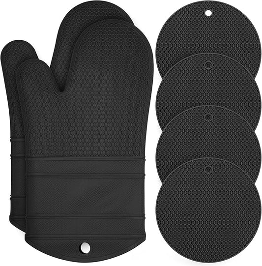 6 Pack Oven Mitts and Pot Holders Sets,Silicone Oven Mitts &Hot Pads,Long Cooking Gloves,Kitchen Trivet Mats,Kitchen Home Essentials,12.9" Mitts 7" Trivets (1*Pair Black Oven Mitts+4*Trivet)