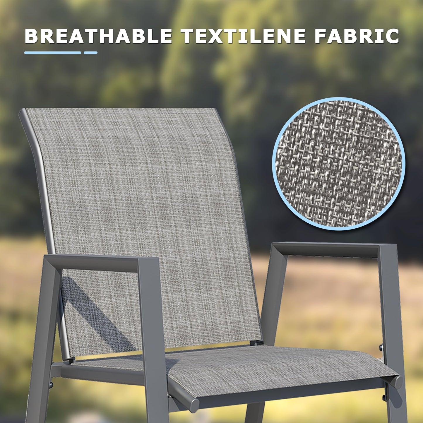 Puntogen Stackable Patio Chairs Set of 2, Outdoor Dining Chairs with High Back & Metal Frame, Lightweight Sling Chair for Lawn Garden Deck, Grey