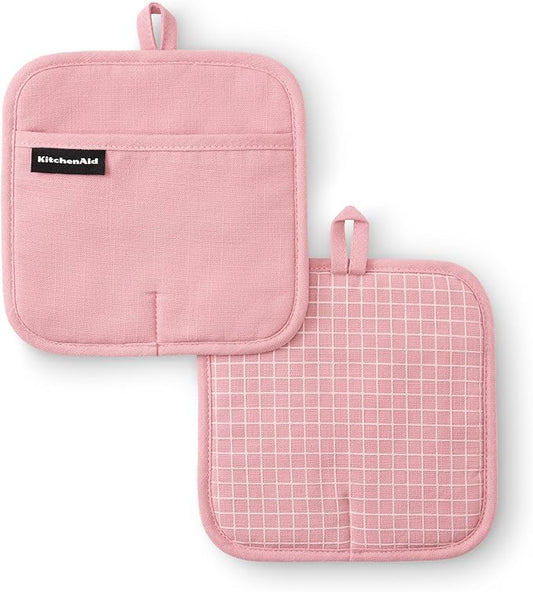 KITCHENAID Gourmet Series Gridlines Pot Holders 2-Pack Set, Heat Resistant up to 600°F, Soft Silicone Grip, Magnetic Cuff, Dried Rose, 8"x8"