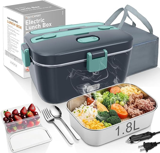 COZYEXPERT Electric-Lunch-Box-Heated-Food-Warmer 100W Heating Lunchbox for Adults 1.8L Portable Food Heater for Work/Car, 12V/24V/110-230V Lonchera Eléctrica Portátil with Fork Spoon (Gray+Green)