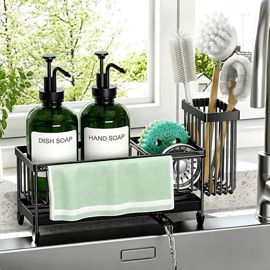 Kitchen Soap Dispenser Set with Sponge Holder and Towel Rack, 17OZ Glass Bottle, Hand and Dish Soap Dispenser Set, Non-Slip Silicone Pad, Brush Holder, Kitchen Sink Caddy Organizer Countertop (Green)