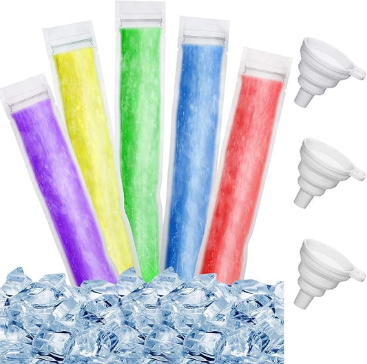 Shappy 450 Pcs Disposable Ice Pop Mold Bags with 3 Silicone Funnels Freezer Tubes with Zipper Seals DIY Ice Pop Bags Bulk for Yogurt Healthy Snacks Juice Fruit Smoothies(8.7 x 2.4 Inch)