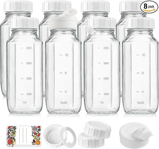 8 Pack 16 Oz Reusable Glass Milk Bottles w 100% Airtight Heavy Duty SCREW Lid & 2 Pour Spouts - Glass Juice Bottles w Capacity Mark - Beverage Drinking Jar Juice Container Breast Milk(Extra 2 Lids)